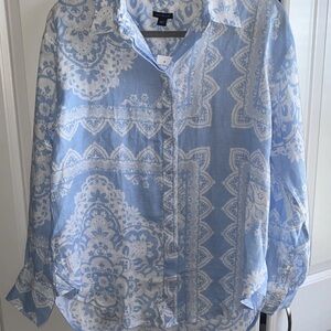 Ann Taylor Linen Blouse Button Up Shirt Small  Blue White Print NWT